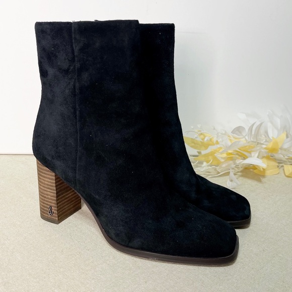 Sam Edelman Osten Black Suede Leather Stacked Heel Mid Calf Boots Shoes 8 - Picture 8 of 15